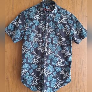 Robert Graham Woven Shirt Short Sleeve Black Blue Floral Flip Trim Sz  S